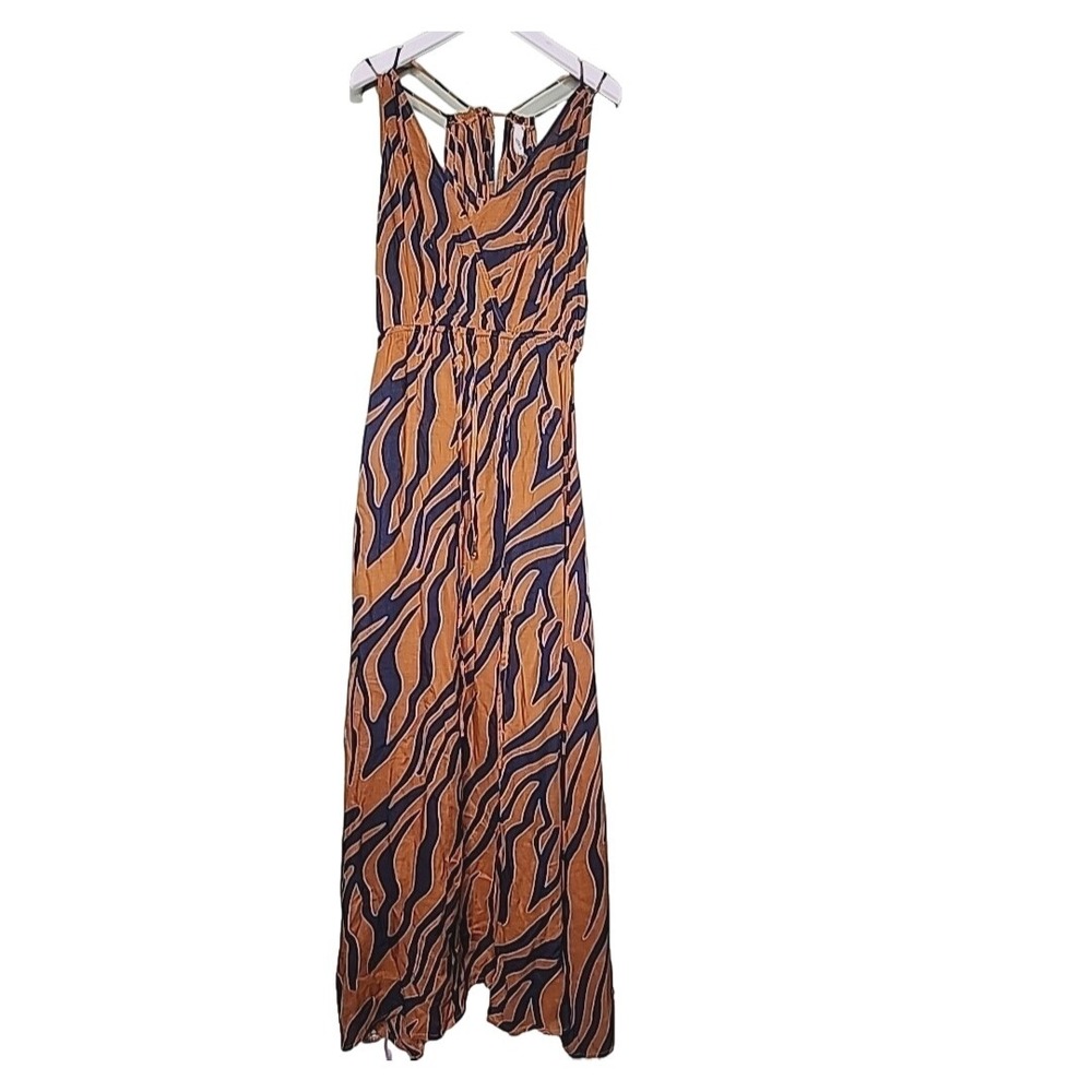 Elan Tiger Print V-Neck Maxi Dress Rust Navy Strappy Back Tassels Medium NEW